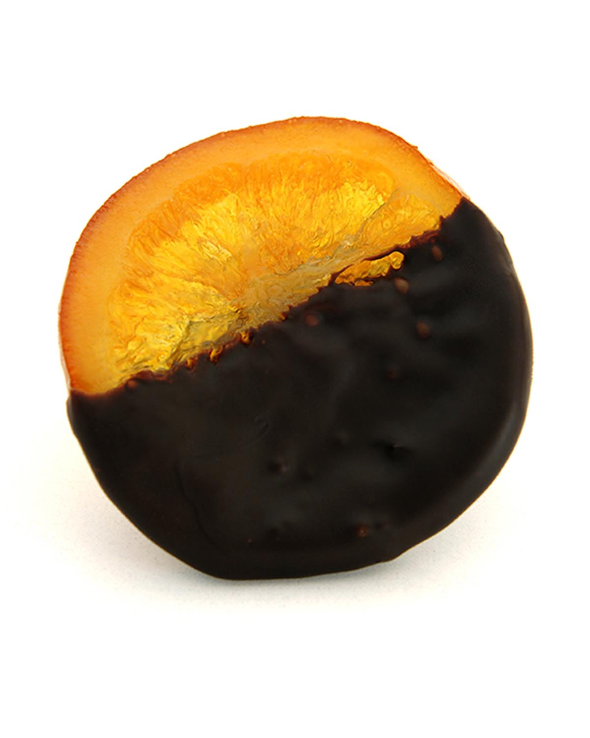Rodaja de naranja confitada con chocolate negro